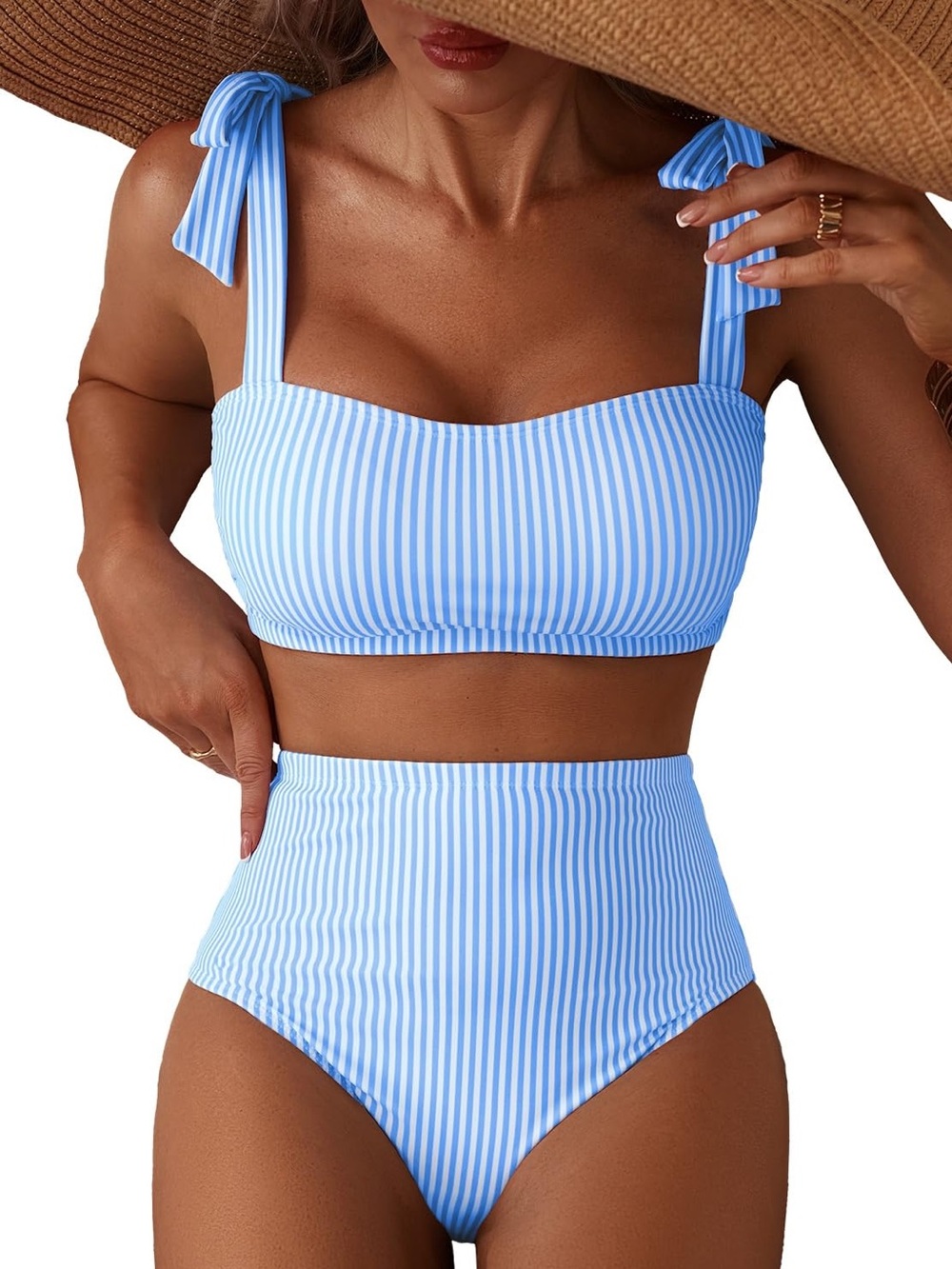 Blue Stripe High-Waist Bikini Set with Tie Shoulder Straps
